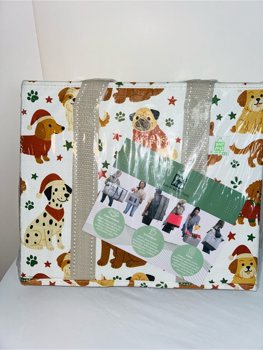 Reusable Dog-Print Utility Tote Bag - White with Tan Handles